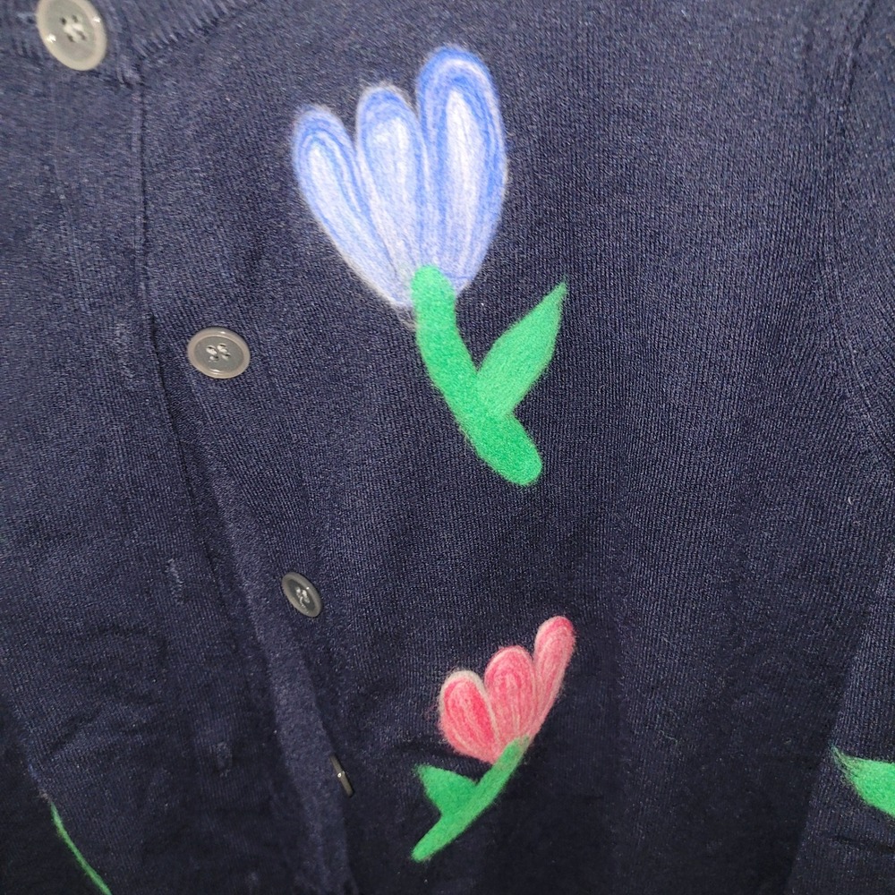 Aaeda Navy Blue Floral Tulip Felted Button Front Cardigan Sweater Womens Medium - Picture 8 of 8